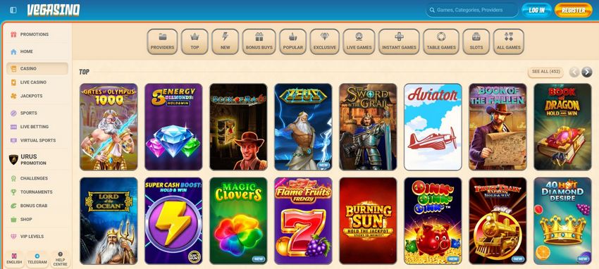Interface du casino en ligne Vegasino sur mobile